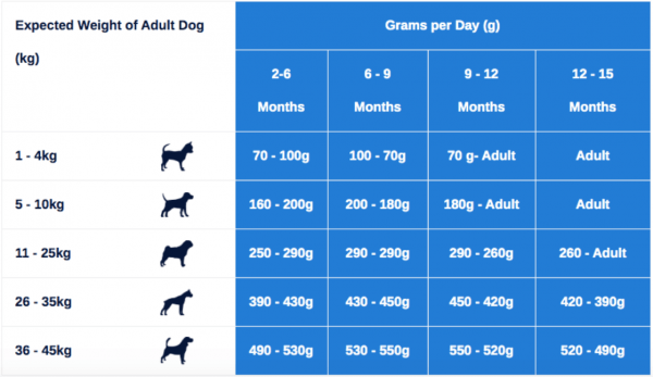 Feeding guide for Angell PetCo's complete dog food
